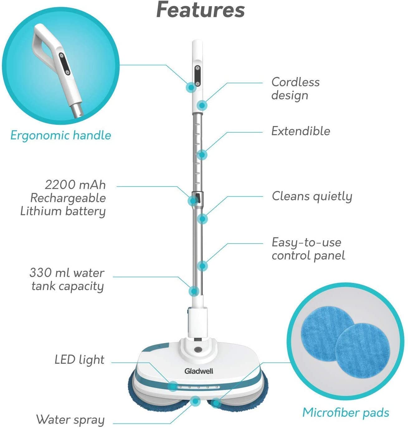 Gladwell Cordless Electric Mop, 3 in 1 Spinner, Scrubber, Waxer Quiet, Powerful Cleaner Spin Scrubber and Buffer, Polisher for Hard Wood, Tile, Vinyl, Marble, Laminate Floor